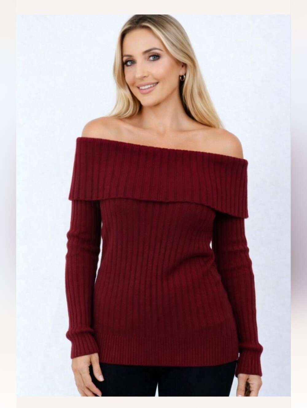 "Elie Tahari" 100% Wool Off-the-Shoulder Ribbed Sweater in Merlot